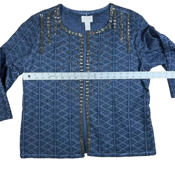 Chicos Blue Studded Beaded Embroidered Eyelet Cardigan Jacket Size 1 US Medium - Picture 6 of 8